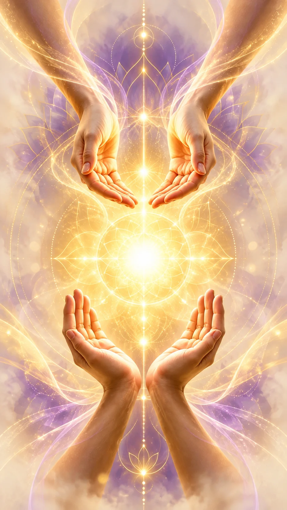 Radiant healing hands surrounded by golden light and a lotus mandala